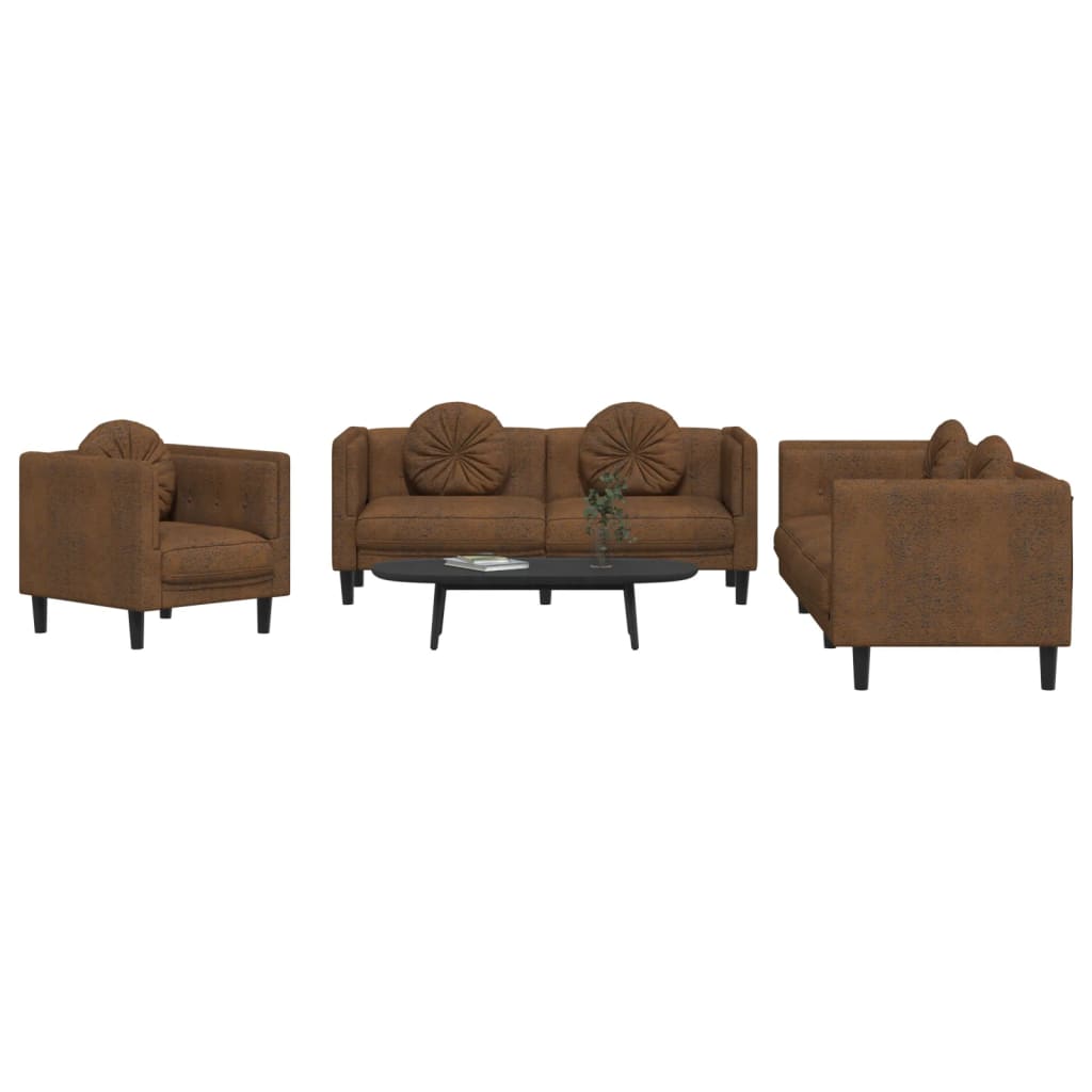 3 pcs conjunto de sofás com almofadas veludo castanho