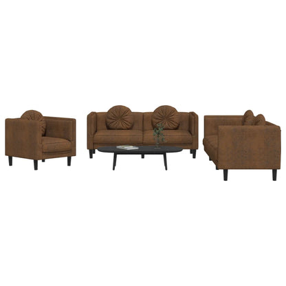 3 pcs conjunto de sofás com almofadas veludo castanho