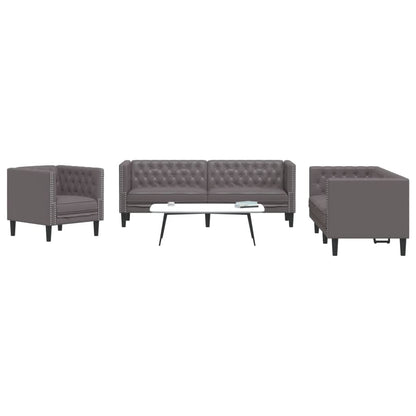 3 pcs conjunto de sofás chesterfield couro artificial cinzento