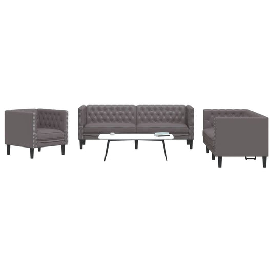 3 pcs conjunto de sofás chesterfield couro artificial cinzento