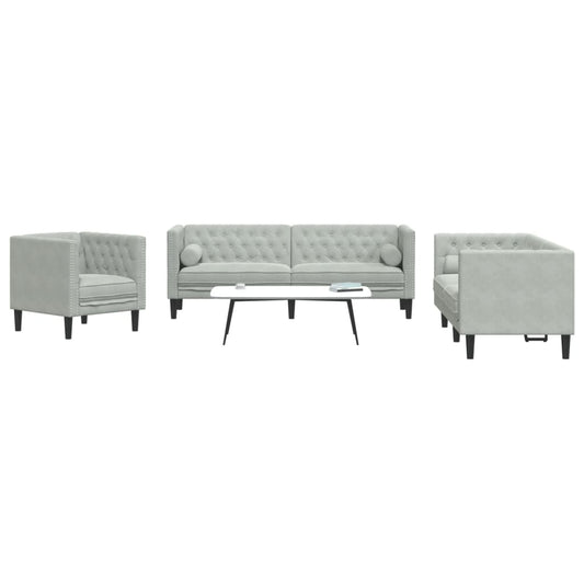 3 pcs Chesterfield sofa set with light grey velvet rollers