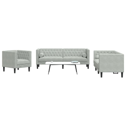 3 pcs Chesterfield sofa set with light grey velvet rollers