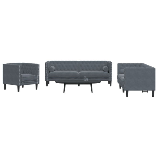 3 pcs conj. de sofás chesterfield com rolos veludo cinza-escuro
