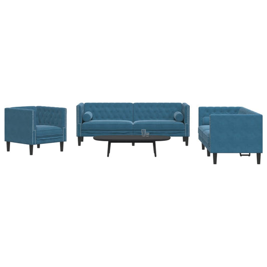 3 pcs conjunto de sofás chesterfield com rolos veludo azul