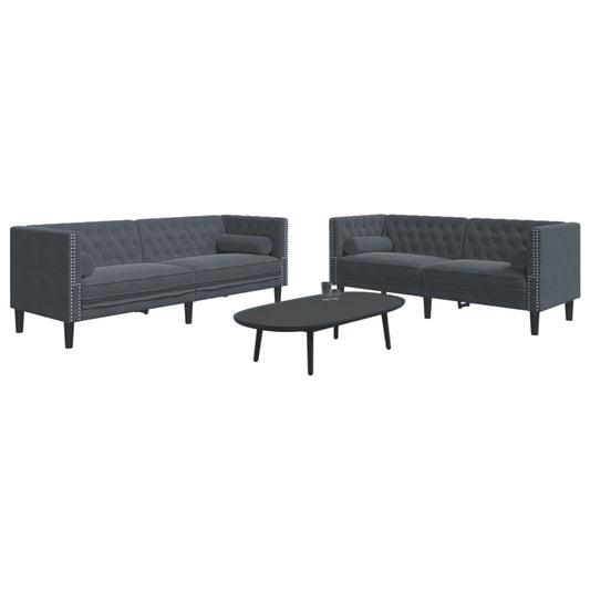 2 pcs conj. de sofás chesterfield com rolos veludo cinza-escuro