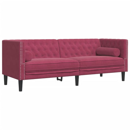 2 pcs conj. sofás chesterfield com rolos veludo vermelho-tinto