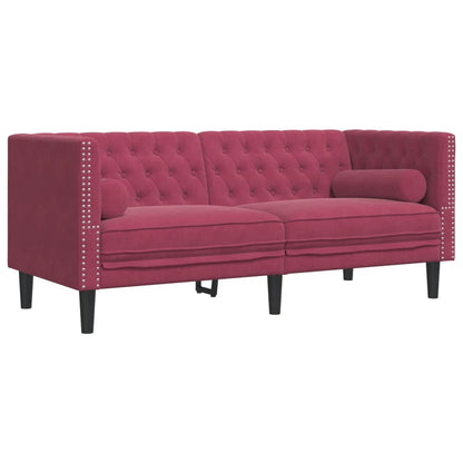 2 pcs conj. sofás chesterfield com rolos veludo vermelho-tinto
