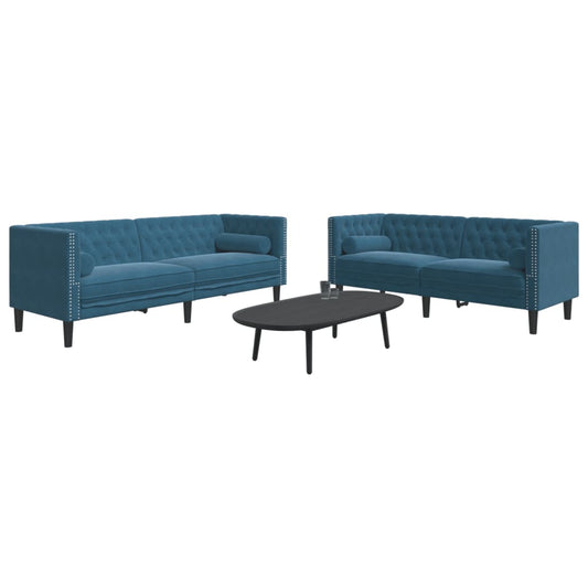 2 pcs conjunto de sofás chesterfield com rolos veludo azul