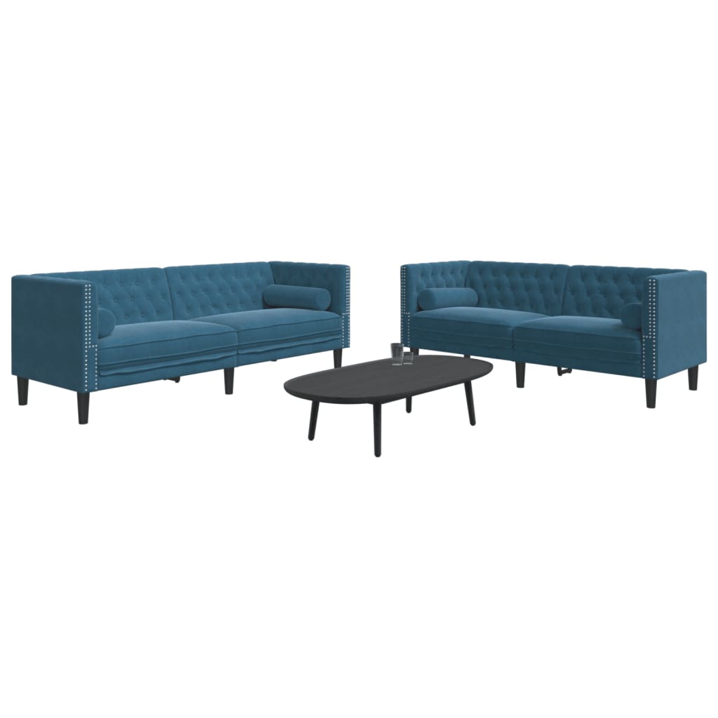2 pcs conjunto de sofás chesterfield com rolos veludo azul