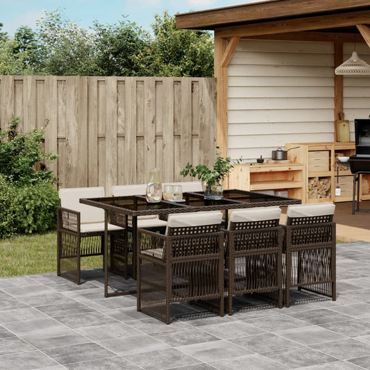 7 pcs conjunto jantar p/ jardim c/ almofadões vime PE castanho