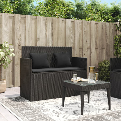Garden bench with cushions in black PE wicker