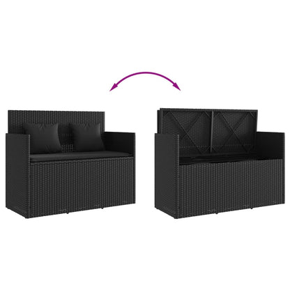Garden bench with cushions in black PE wicker