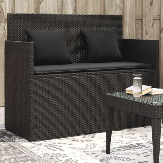 Garden bench with cushions in black PE wicker