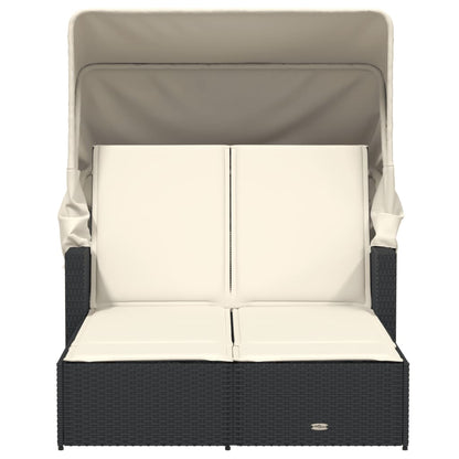 Double sun lounger with canopy and cushions in black poly rattan