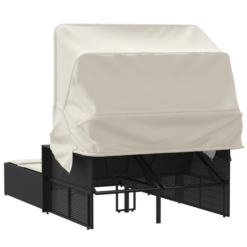 Double sun lounger with canopy and cushions in black poly rattan