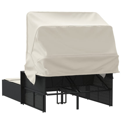 Double sun lounger with canopy and cushions in black poly rattan