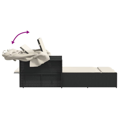 Double sun lounger with canopy and cushions in black poly rattan