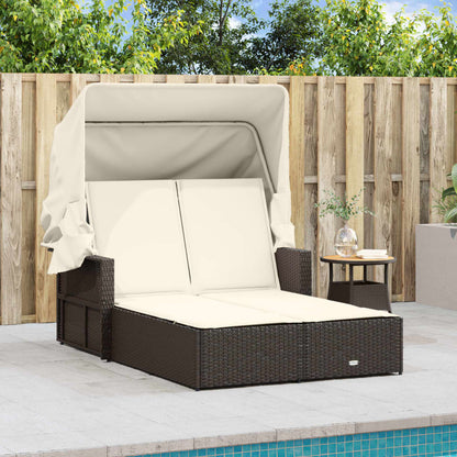 Double sun lounger with canopy and cushions in brown poly rattan