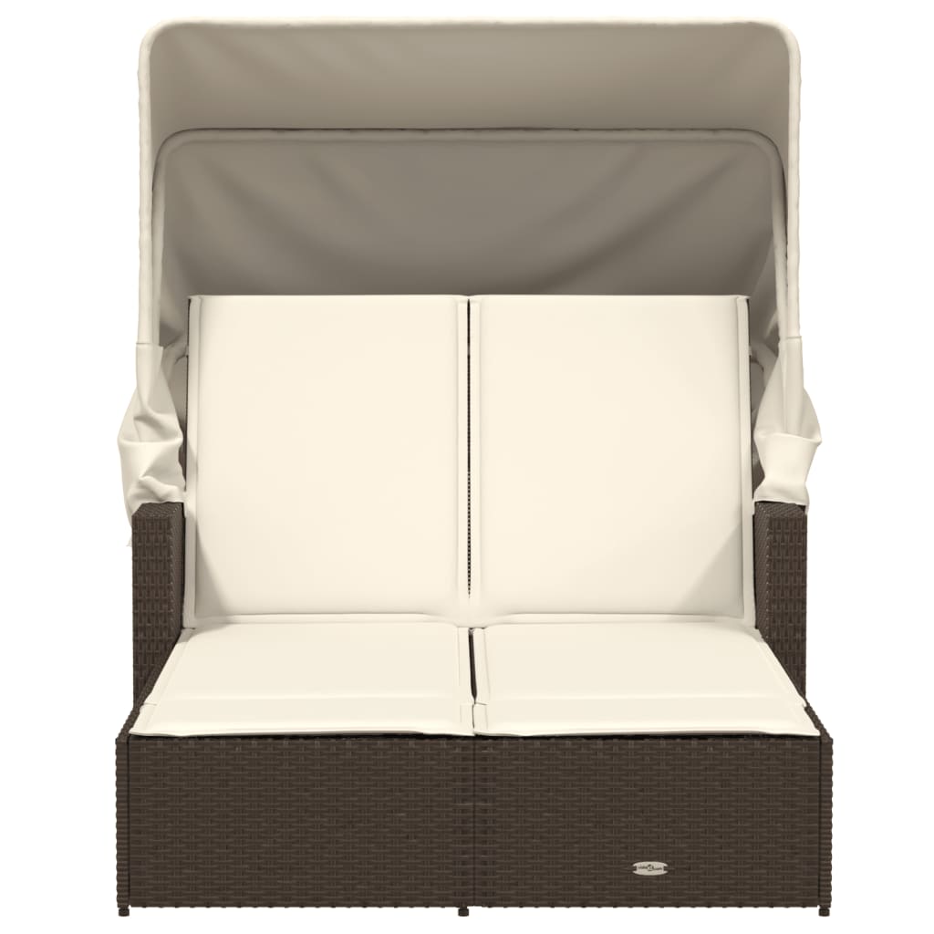 Double sun lounger with canopy and cushions in brown poly rattan