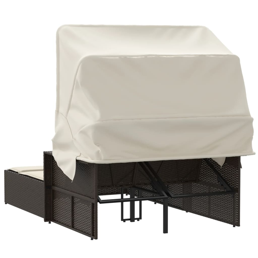 Double sun lounger with canopy and cushions in brown poly rattan