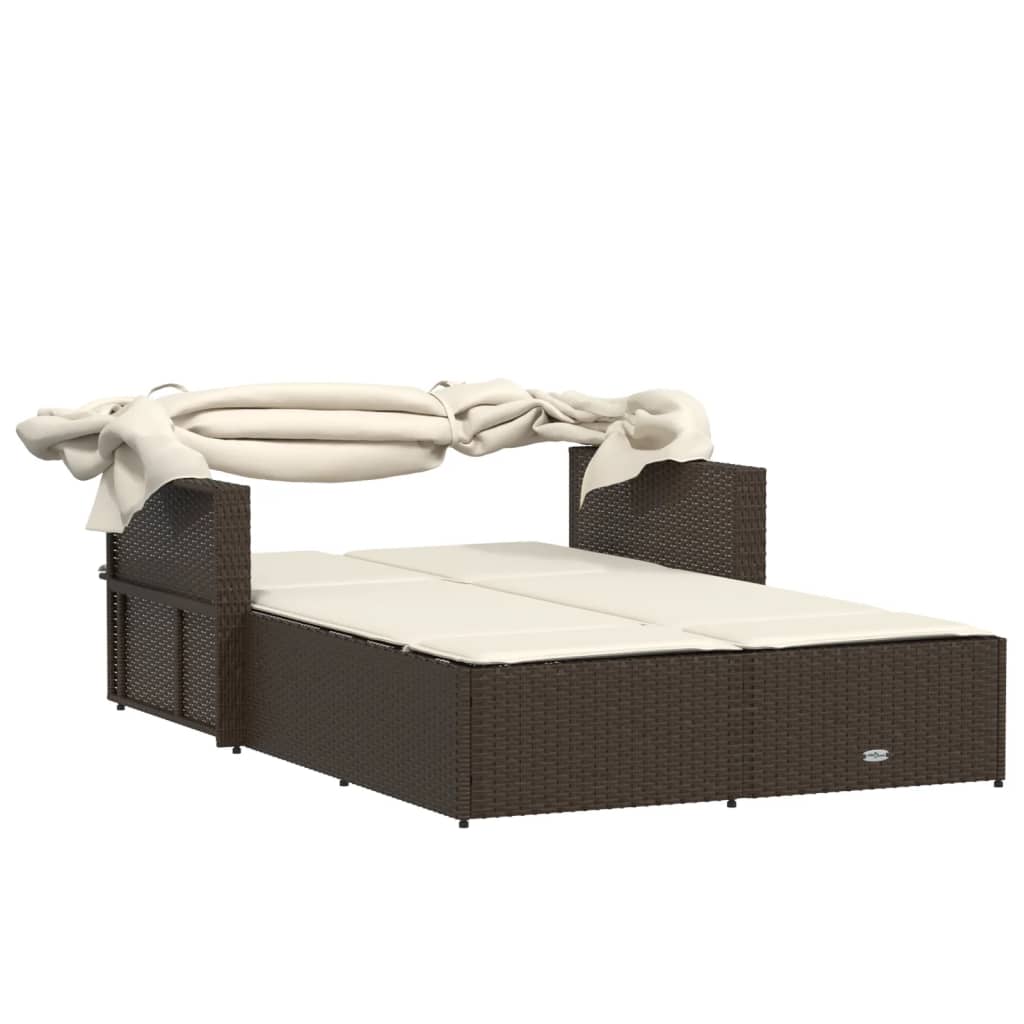 Double sun lounger with canopy and cushions in brown poly rattan