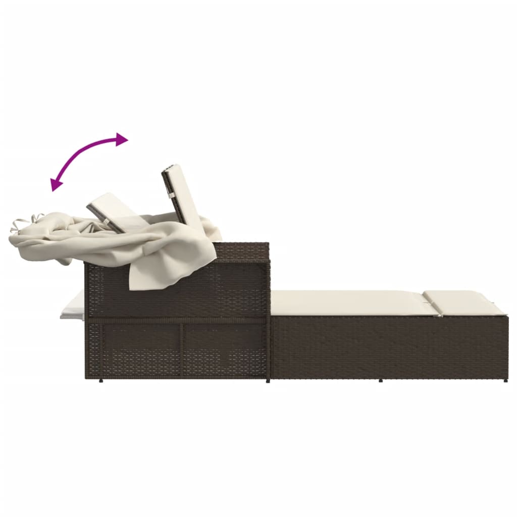 Double sun lounger with canopy and cushions in brown poly rattan