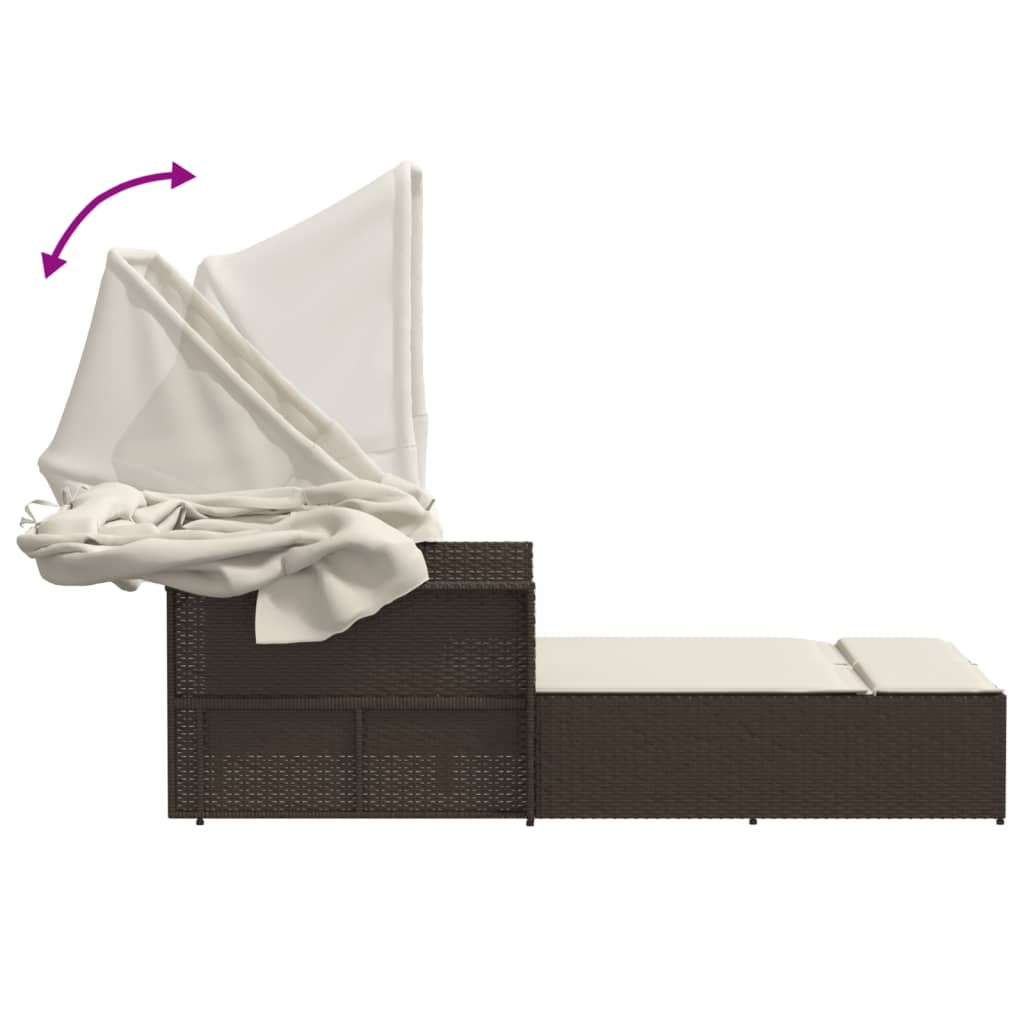 Double sun lounger with canopy and cushions in brown poly rattan