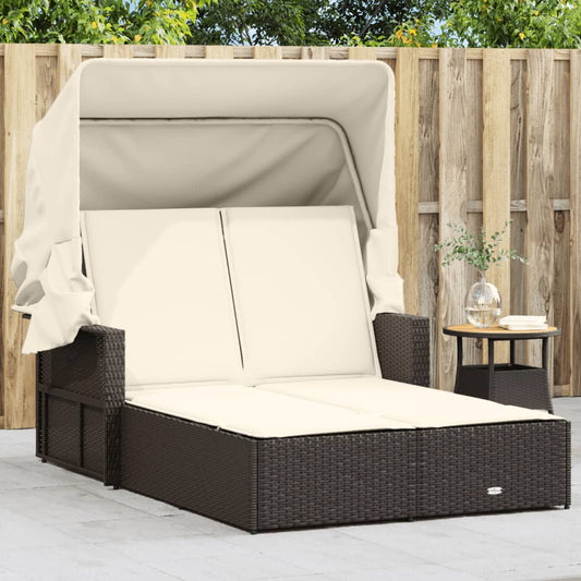 Double sun lounger with canopy and cushions in brown poly rattan