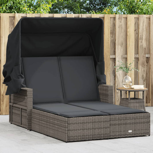 Double sun lounger with canopy and cushions in grey poly rattan