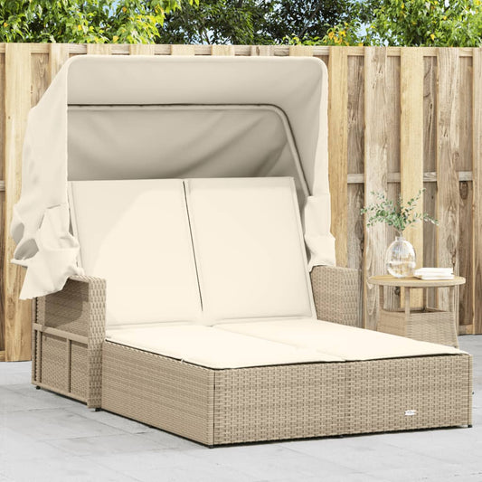 Double sun lounger with canopy and cushions in beige PE wicker