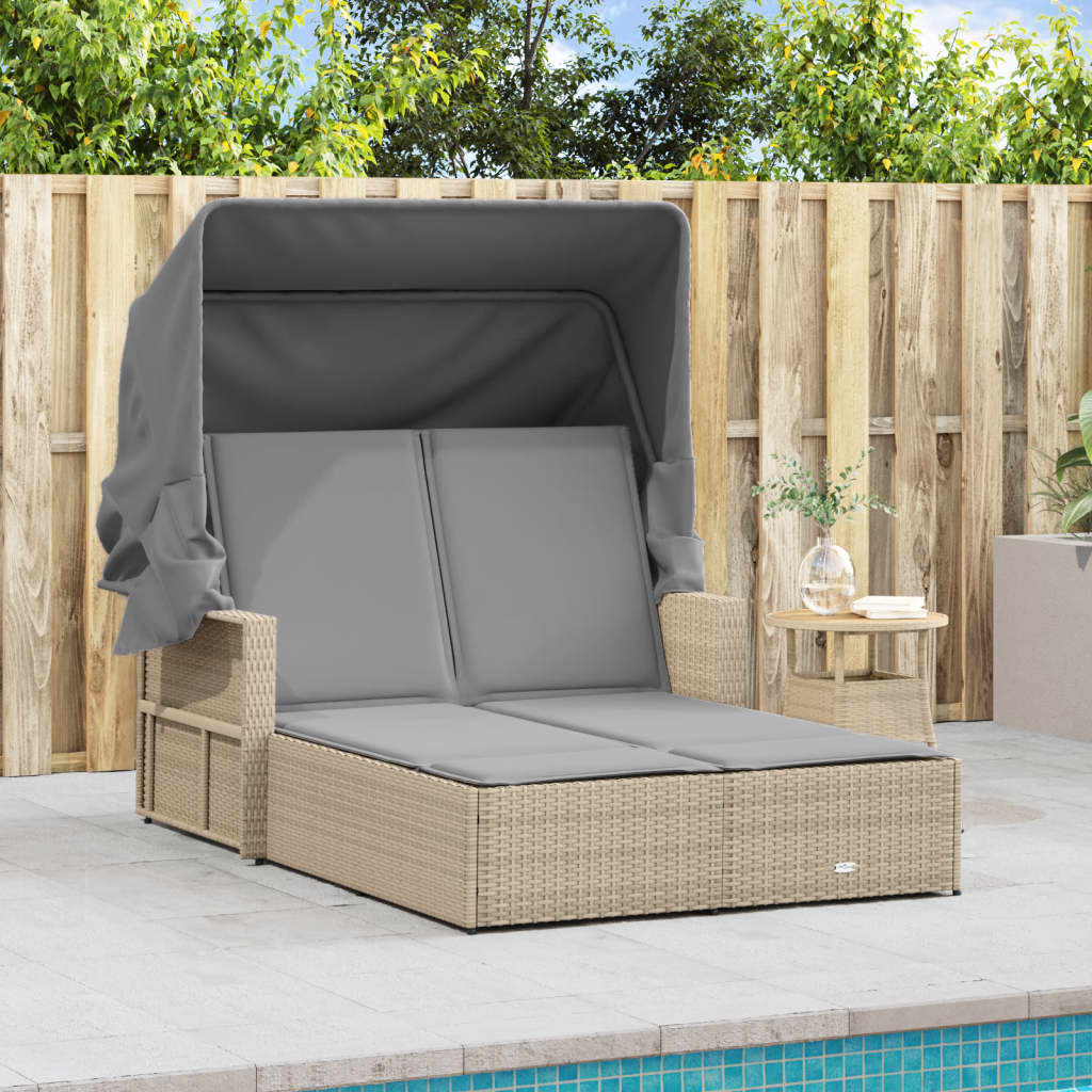Double sun lounger with canopy/cushions in PE wicker, mixed beige
