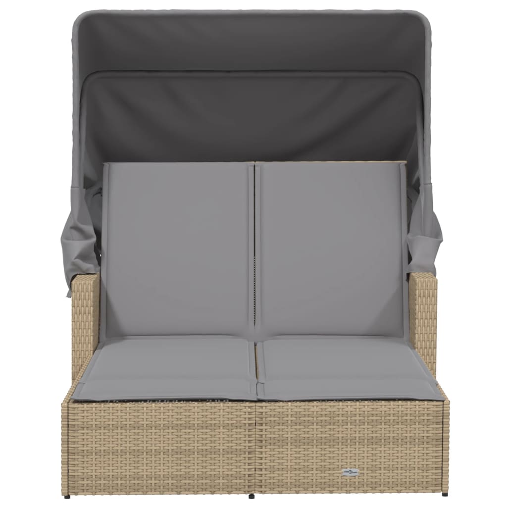 Double sun lounger with canopy/cushions in PE wicker, mixed beige