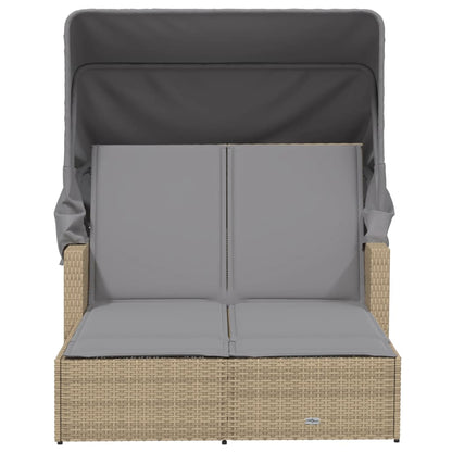 Double sun lounger with canopy/cushions in PE wicker, mixed beige