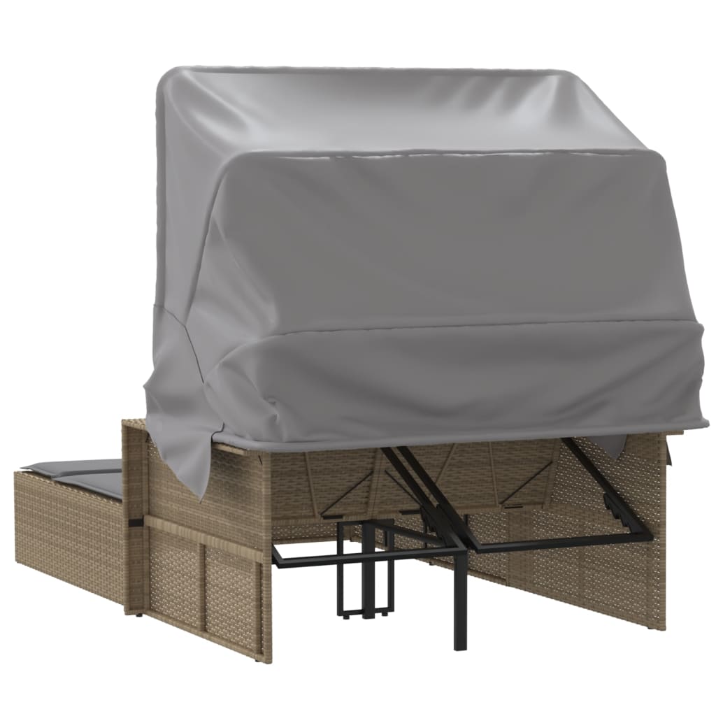 Double sun lounger with canopy/cushions in PE wicker, mixed beige
