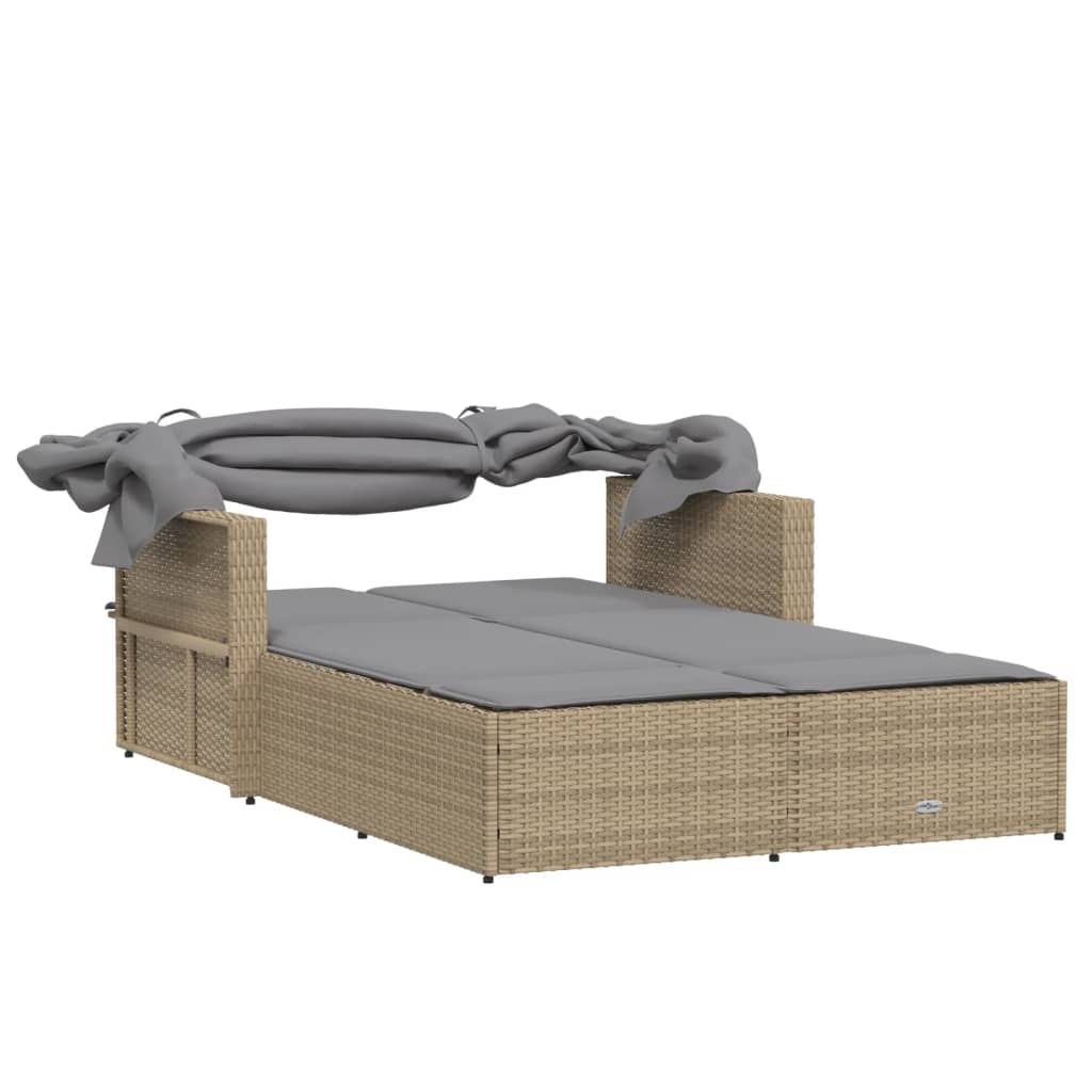 Double sun lounger with canopy/cushions in PE wicker, mixed beige