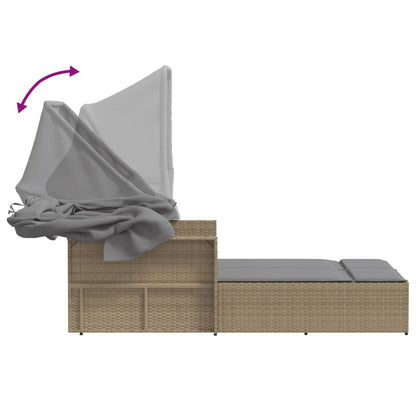 Double sun lounger with canopy/cushions in PE wicker, mixed beige