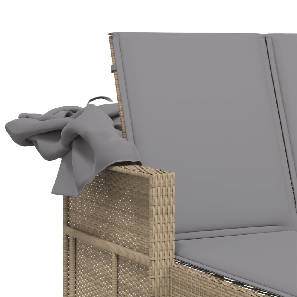 Double sun lounger with canopy/cushions in PE wicker, mixed beige