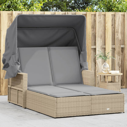 Double sun lounger with canopy/cushions in PE wicker, mixed beige