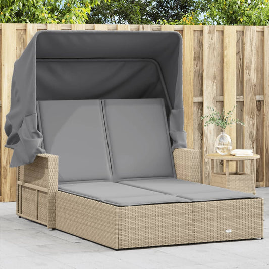 Double sun lounger with canopy/cushions in PE wicker, mixed beige