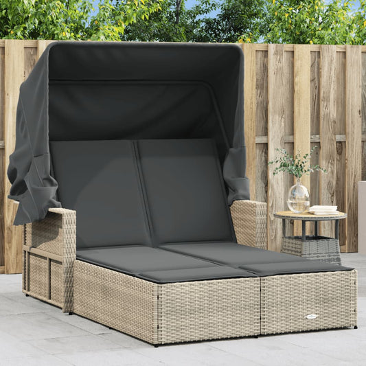 Double sun lounger with canopy and cushions in light grey PE wicker