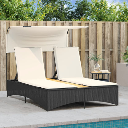 Double sun lounger with canopy and cushions in black poly rattan