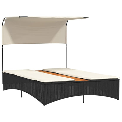 Double sun lounger with canopy and cushions in black poly rattan