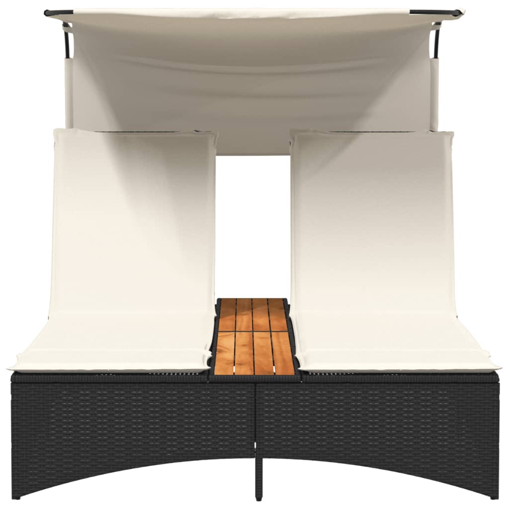 Double sun lounger with canopy and cushions in black poly rattan