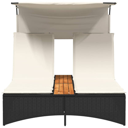 Double sun lounger with canopy and cushions in black poly rattan