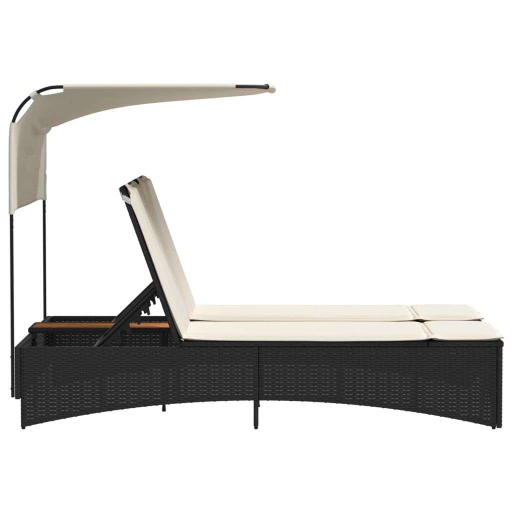 Double sun lounger with canopy and cushions in black poly rattan