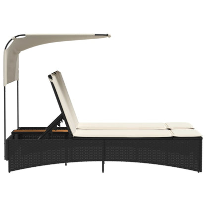 Double sun lounger with canopy and cushions in black poly rattan