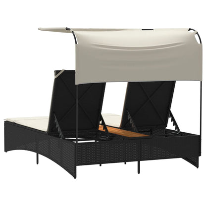 Double sun lounger with canopy and cushions in black poly rattan