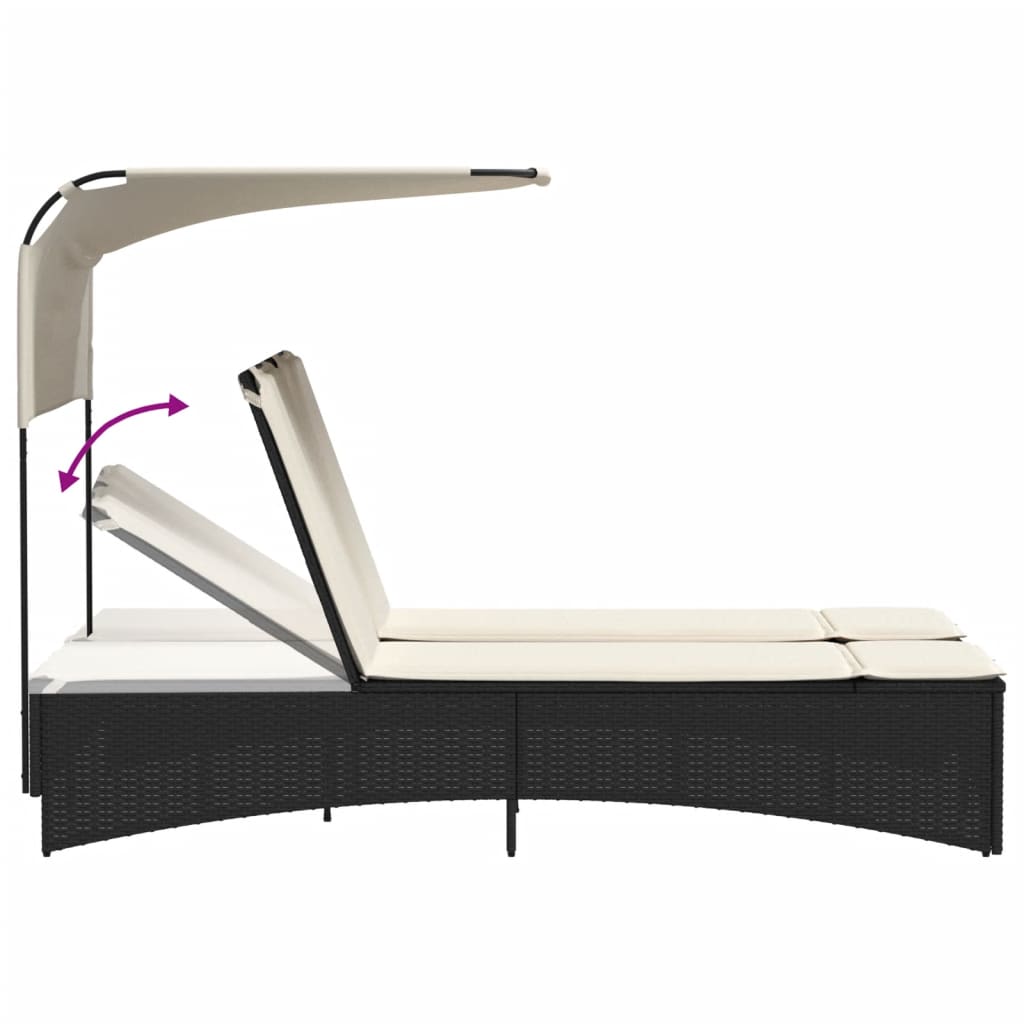 Double sun lounger with canopy and cushions in black poly rattan