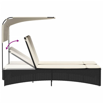 Double sun lounger with canopy and cushions in black poly rattan