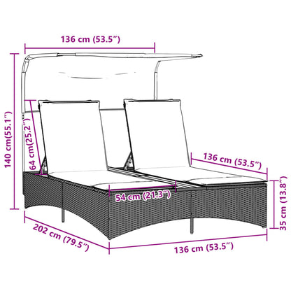 Double sun lounger with canopy and cushions in black poly rattan